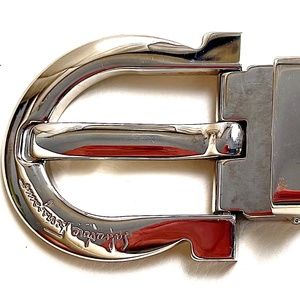 Salvatore Ferragamo metallic silver black reversible Leather Belt Italy 89 35